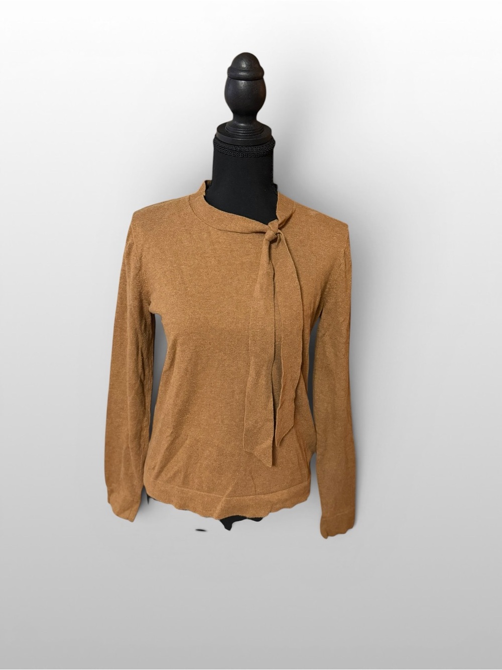 J Crew Tie Neck Sweater Camel Brown 100% Cotton XS Career Preppy